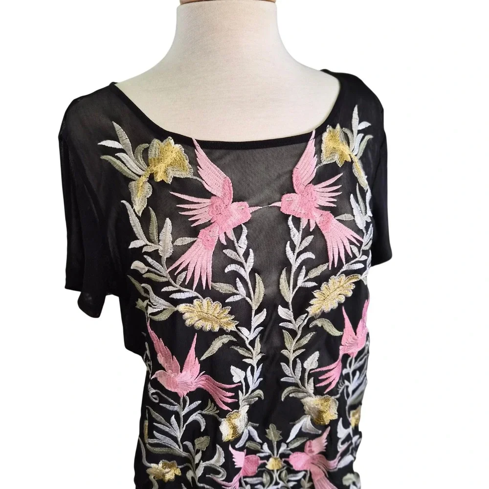 Embroidered Hummingbird Mesh Top‎ Black Sheer Floral Short Sleeve Blouse Women